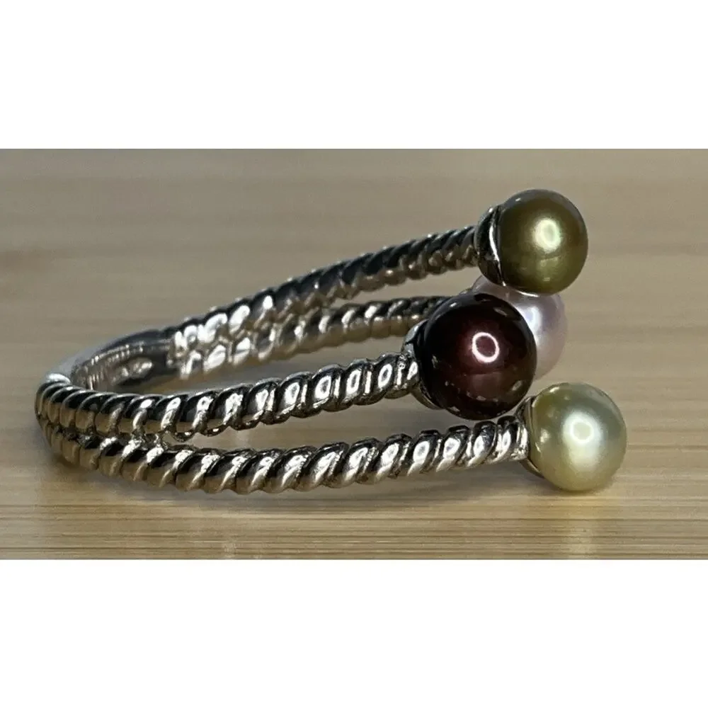 Sterling Silver 925 Multicolor Pearl 3 Row Rope Wrap Ring Size 7.5